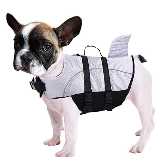 Ripstop Dog Life Jacket Shark Life Vest for Dogs, Safety Lifesaver with High Buoyancy and Lift Handle for Small and Medium Breeds（Grey L）