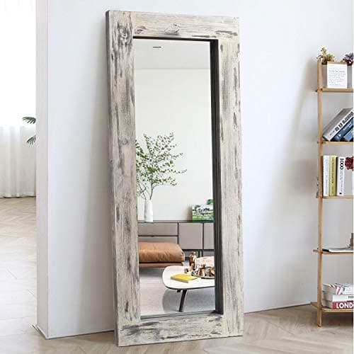 KIAYACI Full Length Floor Mirror Wood Frame Wall Mounted Mirror Distressed Style Wide Frame Dressing Make Up Mirror for Bathroom/Bedroom/Living Room/Dining Room/Entry/Farmhouse (Light Gray, 58" x 24")