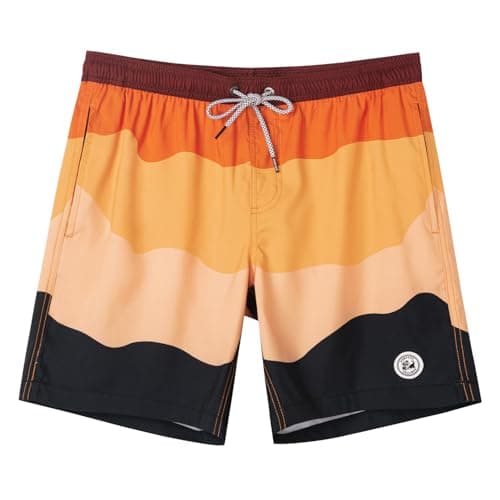 SURF CUZ Mens Swim Trunks 7" Swimming Trunks with Mesh Liner Quick Dry Swim Shorts for Men Swimwear Bathing Suits Pockets,Orange Waves,XL