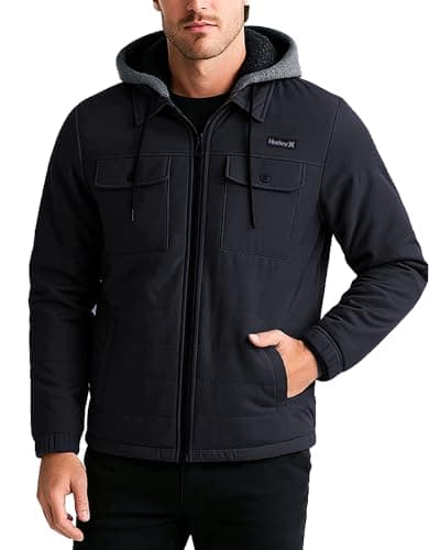 Hurley Men's Voyager Jacket - Warm Insulated Fleece Jacket with Cozy Sherpa Lining - Lightweight Hooded Jacket for Men (S-XL), Size Medium, Black