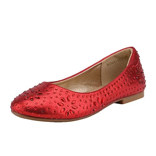 DREAM PAIRS Girls Dress Shoes Slip-on Rhinestone Glitter Ballet Flats for Wedding, Party, Birthday, Prom, Little Kid/Big Kid,Size 13 Little Kid,Nina-100-Red,NINA-100