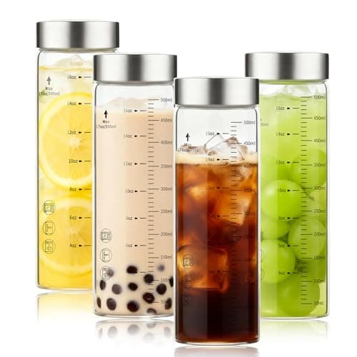 Elitrivox Glass Juice Bottles 16 Oz, Wide Mouth Reusable Clear Glass Water Bottles with Graduations 100% Leak Proof Stainless Steel Lids, BPA Free, Fits in Cup Holder Juice Containers Set of 4