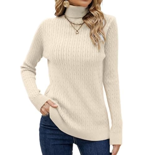 SANGTREE Women's Cable Knit Sweater Long Sleeve Turtleneck Tops Beige, S