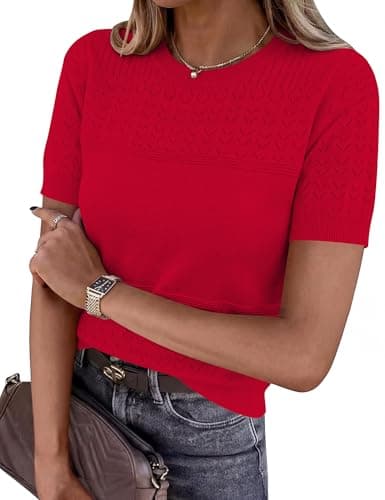 Tisfeer Crew Neck Sweater for Woman Spring Short Sleeve Knit Tops Crew Neck Eyelet Lady Business Shirts Cozy Blouse Tunics (Red, S)