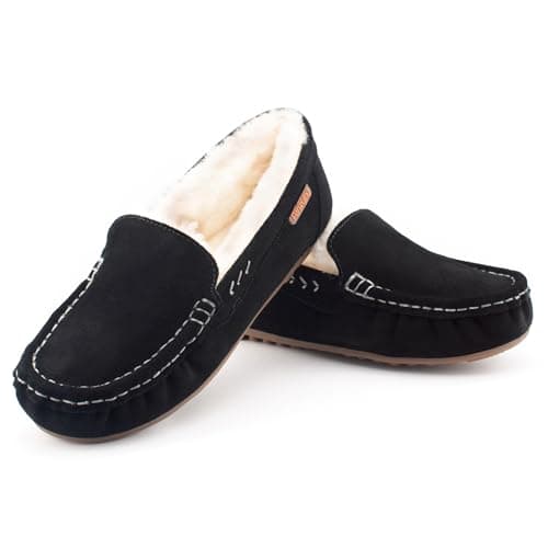Parfeying Women's Sheepskin Moccasin Slippers Cow Suede Memory Foam Driving Style Indoor Outdoor Loafers,L20102 Black 6US