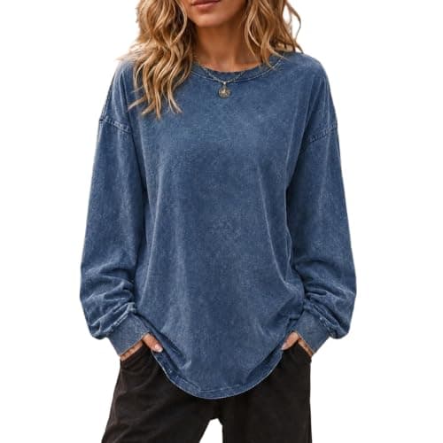 Retro Acid Wash Sweatshirt for Women Slim Long Sleeve Crewneck Sweatshirts