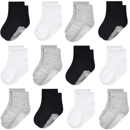 GRPSKCOS Toddler Boys Girls Non Slip Socks 12 Pairs Anti Skid Sticky Baby Socks Cotton Sock for Little Kids Infants (#2 12 Pairs Black+Grey+White, 5-7 Years)