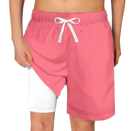 Belovecol Swimming Trunks for Boys Size 14-16 Swim Trunks with Compression Liner Coral Pink Solid Color Bathing Suits Lightweight Beach Swimwear