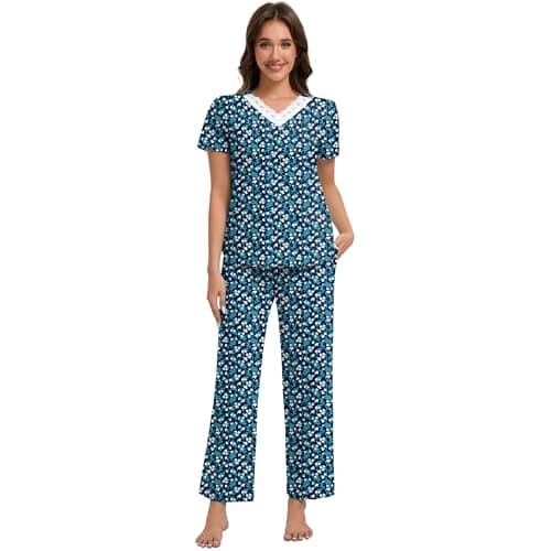 IZZY + TOBY Womens 2 Piece Summer Casual Short Sleeve V Neck Tops & Pants Lounge Sets With Pocket Tree Flower XXL