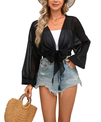 olrain Women Tie Front Beach Cove Up Chiffon Kimono Crop Top Swimming Bikini Bathing Long Sleeve Beach Shirt (X-Large, Black)