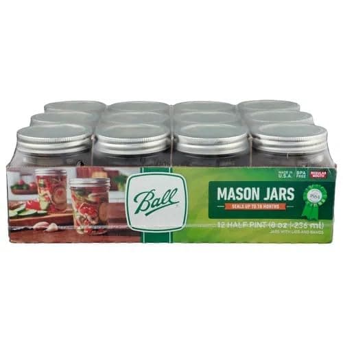 Ball Regular Mouth Mason Jars 8 oz. (12 Pack) - Half Pint Size Jars with Airtight Lids and Bands for Canning, Fermenting, Pickling, Meal Prep or DIY Decors