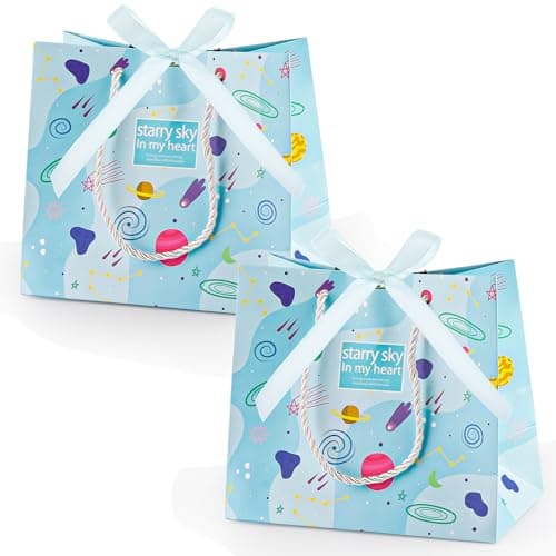 2 Pack Cartoon Blue Small 7" Gift Bag with Handles S Paper Gifts Tote Handbag for Gift's Packaging For Boys Kids Teens,Baby Shower, Kids Birthday Party, Newborn, New Parents, Cosmic Meteor Shower