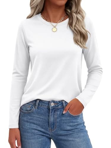 SMENG Long Sleeve Shirts for Women Cotton Crew Neck UV Tee, White, L
