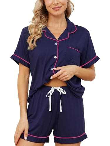 Yoolfine Womens Pajama Sets Short Sleeve Sleepwear Soft Button Down Nightwear Lounge Pj Set,X-Large,Navy With Fuchsia Piping