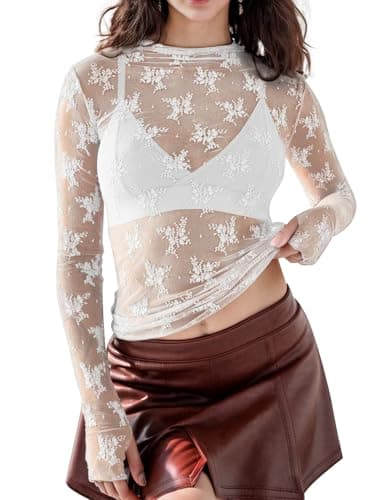Flygo Sheer Long Sleeve Mesh Tops for Women Mock Neck See Through Floral Lace Layering Top Shirt Blouse(White-M)