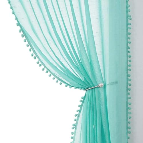 Treatmentex Pompom Sheer Window Curtains for Bedroom Aqua-Blue 95inches Length Decorative Sheer Window Drapes for Wedding Party Ceremony 52" W x 2 Panels Rod Pocket