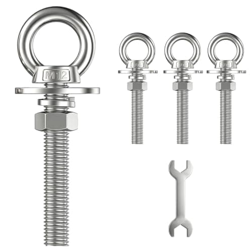 Fvqqdw 4 Pack M12 Stainless Steel Eye Bolts with Nuts and Washers, 1/2" x 4" Long Lifting Ring Eye Bolt, Heavy Duty Marine Grade 304 Eyebolts for Outdoor String Light Hanging, Tie Down Anchors