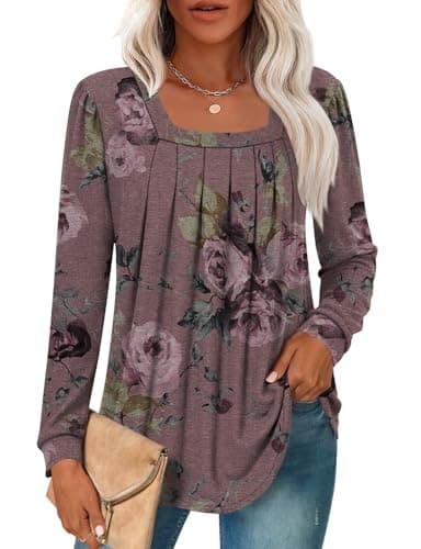 Anyally Womens Fall Long Sleeve Tunic Tops Plus Size Square Neck Shirt Loose Sweaters for Leggings, 3XL, Dousha Rose Red