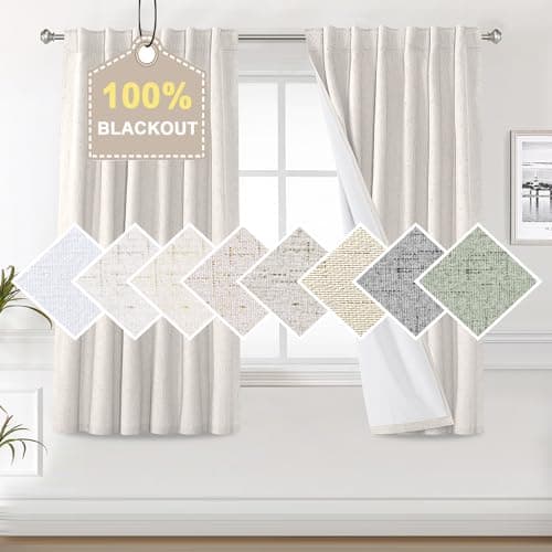 H.VERSAILTEX Faux Linen 100% Blackout Curtains for Bedroom 63 inches Long Thermal Insulated Textured Linen Look Curtain Back Tab/Rod Pocket/Hook Belt Draperies 2 Panels, 52 x 63 Inch，Ivory