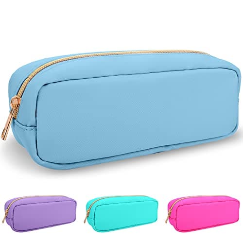 Izuzta Nylon Small Makeup Bag Slim Pouch, Preppy Cute Brush Case, Cosmetic Zipper for Purse, Waterproof Travel Toiletry Clutch Coin Organizer for Women Girls (Blue)