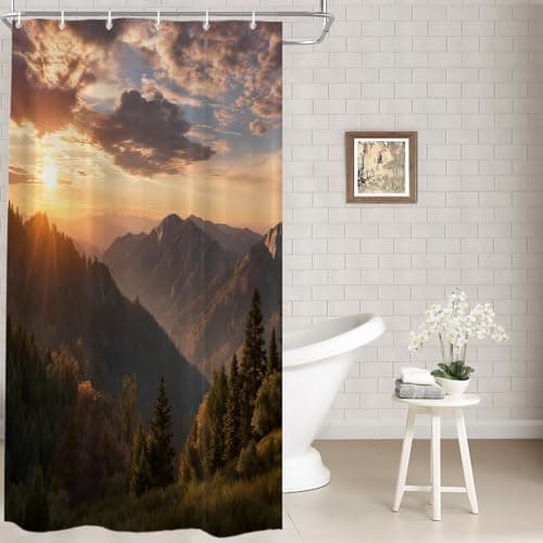 Batmerry Golden Yellow Natural Sunrise Decor Shower Curtain,Golden Landscape Mountains Bathroom Decor Polyester Fiber Plastic Rings Quick-Drying Waterproof for Bathtubs/Bathroom, 72x36 inches