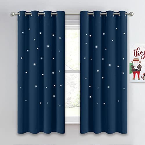 NICETOWN Star Blackout Curtains for Kids Room, Elegant Grommet Thermal Insulated Window Short Curtains for Room Darkening and Noise Blocking, (2 Panels, W52 x L63, Moroccan Blue)