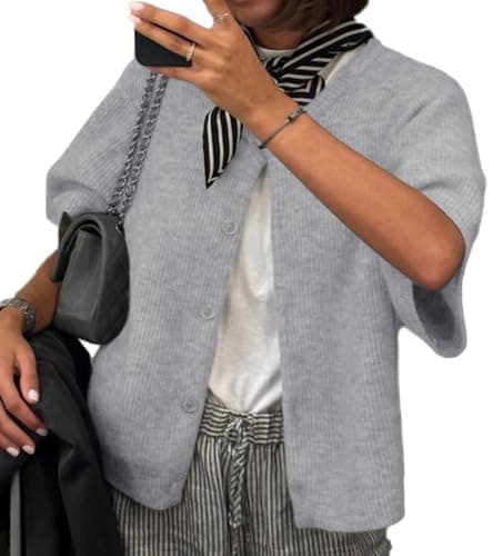 LOMON Womens Spring Summer Short Sleeve Cardigan Sweaters Trendy Crew Neck Button Down Lightweight Knit Outfit Y2k Clothes (Grey, M)