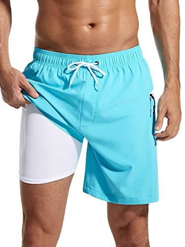 SILKWORLD Mens Swim Trunks with Compression Liner Light Blue XL