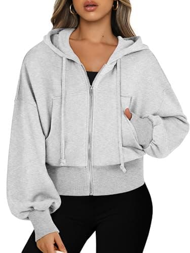 ANRABESS Women's Zip Up Hoodie Cropped Sweatshirt Grey Large