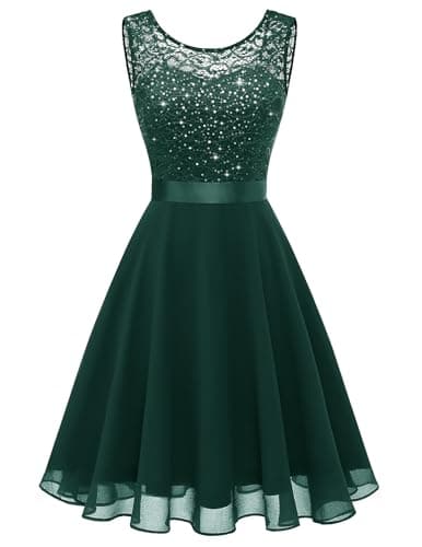 BeryLove Short Sleeveless Sequin Lace Formal Party Dress DarkGreenXL