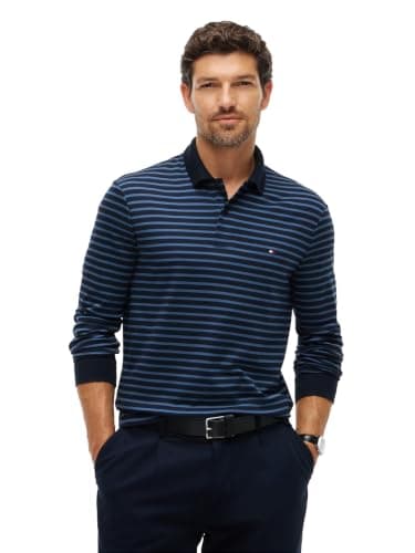 Tommy Hilfiger Men's Long Sleeve Casual Polo Shirts in Regular Fit with Liquid Cotton, Navy Blue/Aegean SEA X-Large
