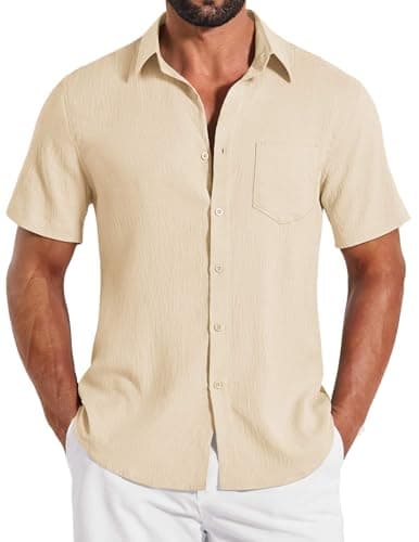 COOFANDY Vacation Shirts for Men Button Down Beach Shirt Casual Summer Wedding Cruise Wear for Men Beige