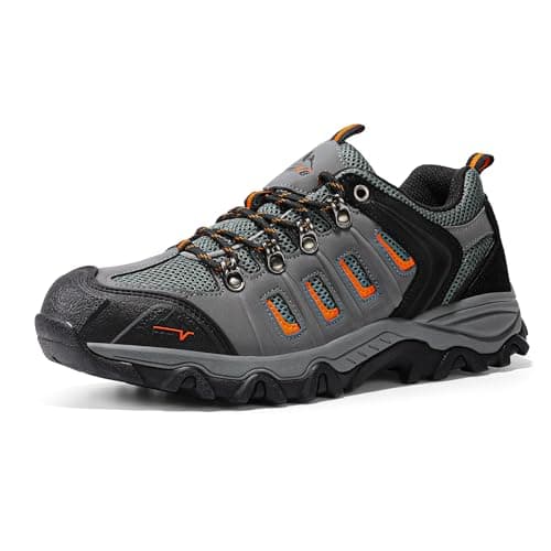 NORTIV 8 Men's Waterproof Hiking Shoes Leather Low-Top Hiking Shoes for Outdoor Trailing Trekking Camping Walking,Size 7.5,Black/Dark Grey/Orange-Pu,Quest-1