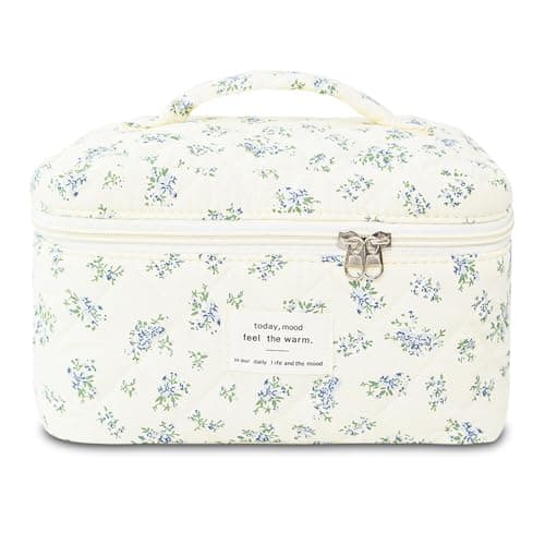 Makeup Bag, Floral Quilted Cosmetic Bag, Large Travel Aesthetic Make up Bag, Cute Coquette Toiletry Bag for Women Girls