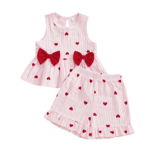 Kupretty Toddler Baby Girl Valentines Day Outfit Heart Sleeveless Ruffle Vest Tank Tops + Ruffled Shorts Set Summer Clothes (Pink Red, 6-12 Months)