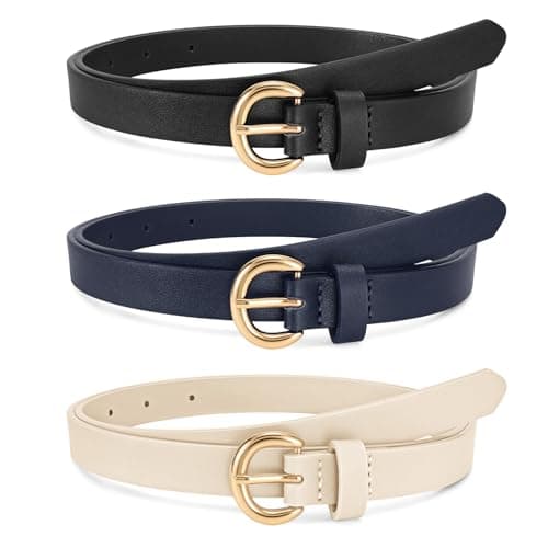 WERFORU 3 Pack Women Skinny Belt Thin Waist Belt for Women Leather Belt with Gold Buckle for Jeans Pants Dress 0.74" Width,Black+Navy blue+Beige,Fit Waist Size 31"-36"