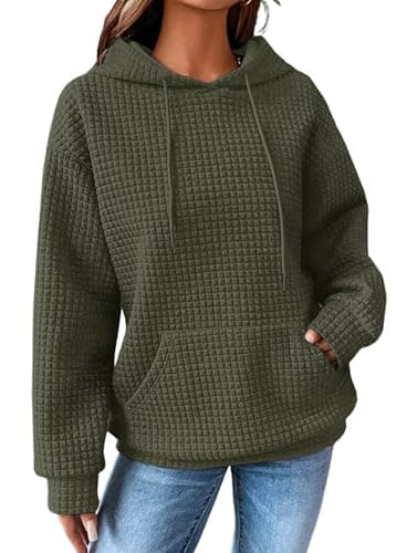 SHEWIN Women Waffle Hoodie Pullover Top Hooded Sweatshirt, Green, Size L