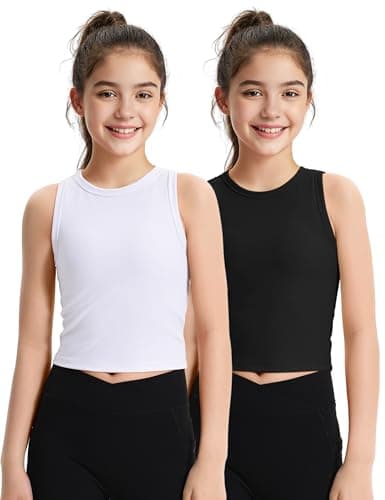 JOCMIC 2 Pack Girls Tank Tops Kids Athletic Tanks Basic Ribbed Knit Crew Neck Cropped Tops for Sports Yoga Black+White 11-12 Years