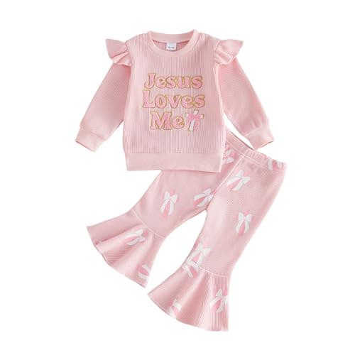 Socutebabe Toddler Girl Easter Outfit Infant Easter Bunny Sweatshirt Long Sleeve Pullover Flared Pants Cute Summer Clothes (m-b-Pink 2, 18-24 Months)