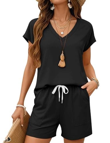 LOMON Womens Fashion 2 Piece Outfits Sets 2026 Spring Cute Shorts Matching Set V Neck Trendy Loungewear Clothing Black XXL