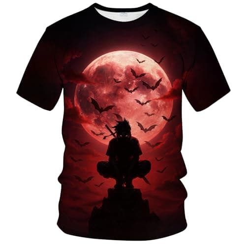 Blissboy Red Moon Ninja T-Shirt for Men Blood Moon Bats Graphic Tee Warrior Katana Shirt Japanese Samurai Style Streetwear Top,Wine Red,S