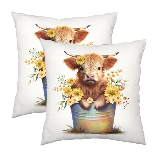 Wnoesat Farmhouse Animal Cow Pillow Covers 16x16 Inch Set of 2 Baby Cow in a Bucket Flowers Decorative Throw Pillow Covers Yellow Daisy Outdoor Cushion Cover for Bed Couch Sofa Living Room