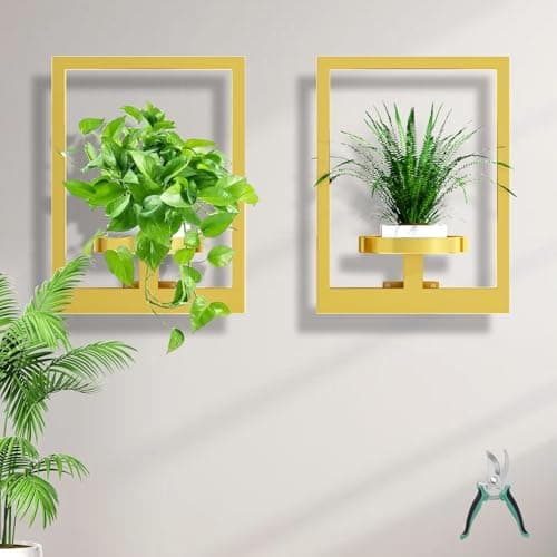 ALACOO Wall Plant Shelf, Hanging Frame Decor Planter for Indoor Plants, Wall Plant Holder for Living Room/Entryway/Garden Flower Pot Holder Free Garden Shears (Square-Gold, 2Pcs)