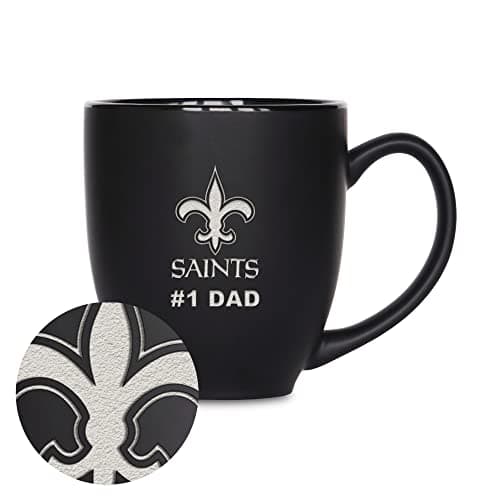 Rico Industries NFL Football New Orleans Saints #1 Dad 15oz Laser Engraved Matte Black Ceramic Bistro Mug - for Hot or Cold Drinks
