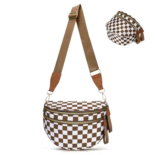 MOETYANG Checkered Crossbody Bum Bags for Women, Spacious Nylon Sling Bag Fanny Pack witn Adjustable Shoulder Strap Belt Bag (Caramel Checkered)
