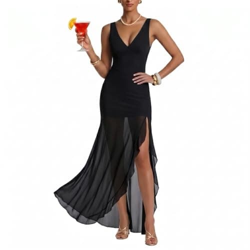 Curvphilo Summer V Neck Mesh Bodycon Maxi Vacation Date Night Party Dress
