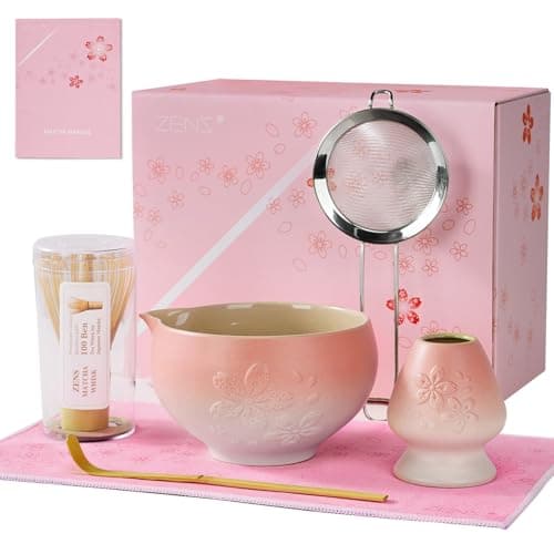 ZENS Matcha Whisk Set, 6pcs Matcha Kit Set with Matcha Bowl, Bamboo Whisk & Scoop, Chasen Holder, 304 Stainless Steel Sifter, Tea Mat for Japanese Tea Ceremony- Pale Pink