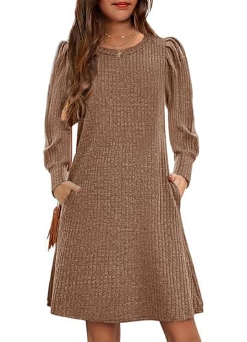 YOVION Girls Sweater Dress Long Sleeve Knitted A-Line Autumn Casual Party Flared Swing Dresses with Pockets 6-12 Y Brown
