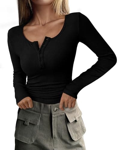 PRETTYGARDEN Women's Fall Long Sleeve Henley T Shirts Black