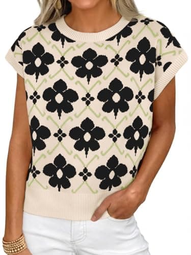 Cicy Bell Women’s Sweater Vest Summer Floral Cap Sleeve Sweaters Crew Neck Dressy Casual Knit Trendy 2026 Tops Black